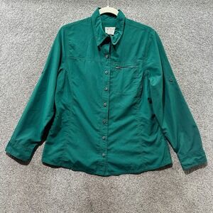LL Bean Hiking Top Women Medium Petite Green Rip Stop Roll Tab Sleeve Button Up